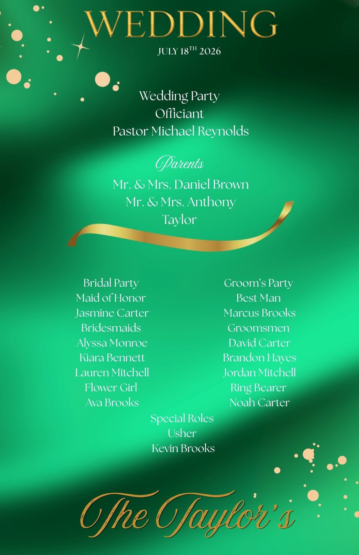 Green and Gold Elegant Style Wedding Program