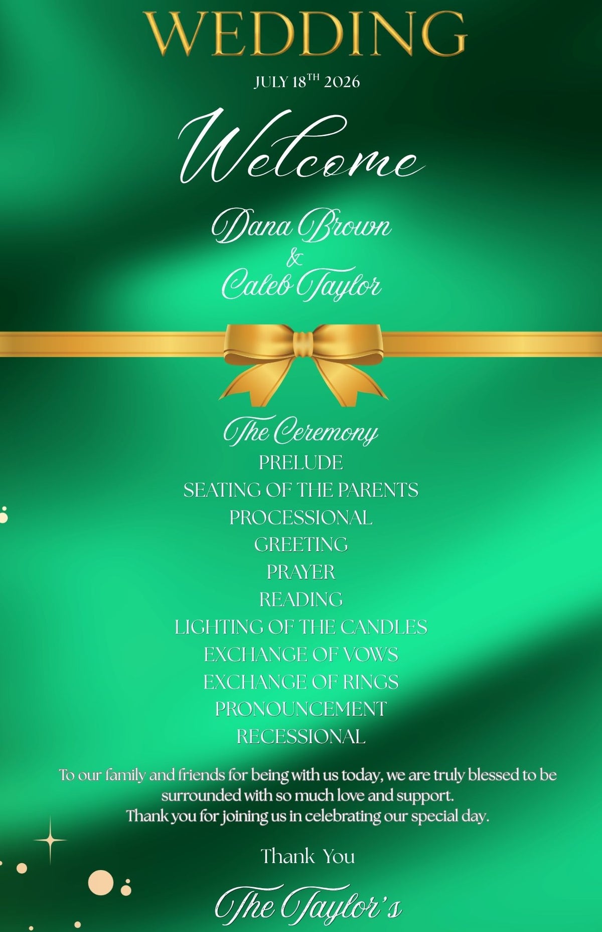 Green and Gold Elegant Style Wedding Program